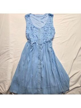 Light Blue Lace Bodice Sleeveless Dress Flowy Chiffon Skirt Size XL
